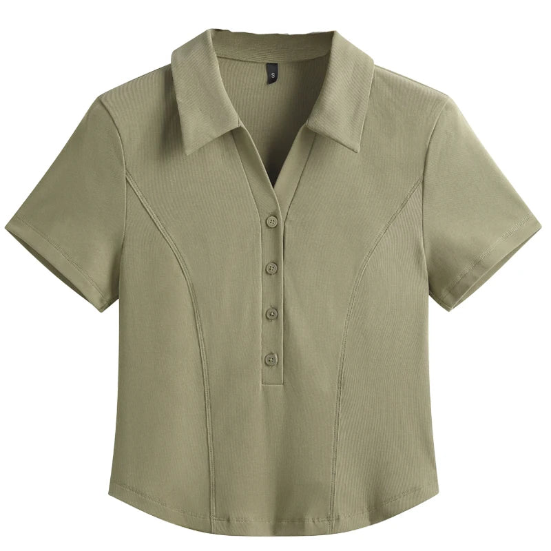 Summer New Polo Neck Button Short High Waist T-shirt Slim Fit Short Sleeve Solid Color Cotton Women's Top