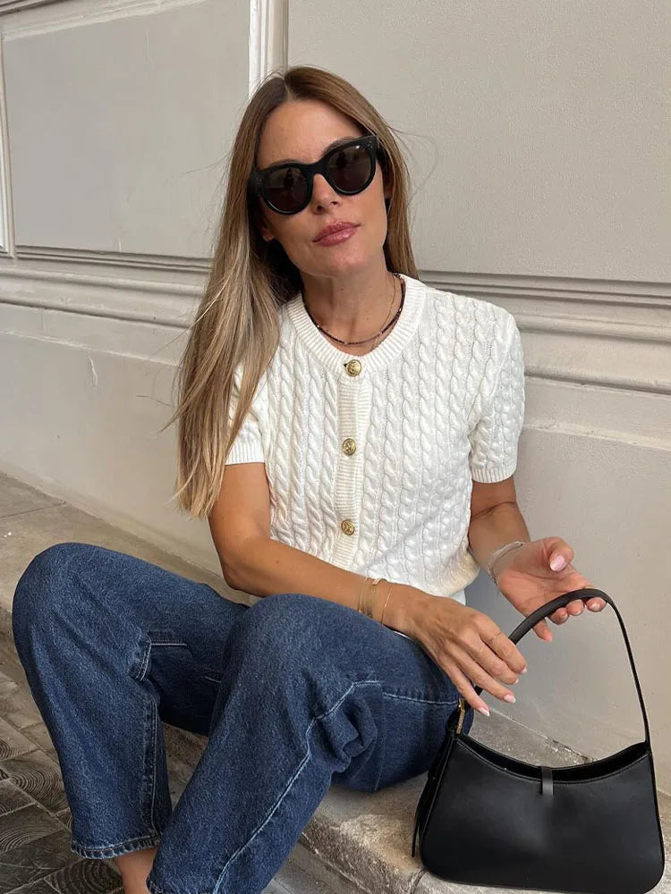 HH Woman Elegant Texture Slim Women Autumn Solid O-Neck Short Sleeves Single Breasted Design Casual Knitted Top Sweater Coat